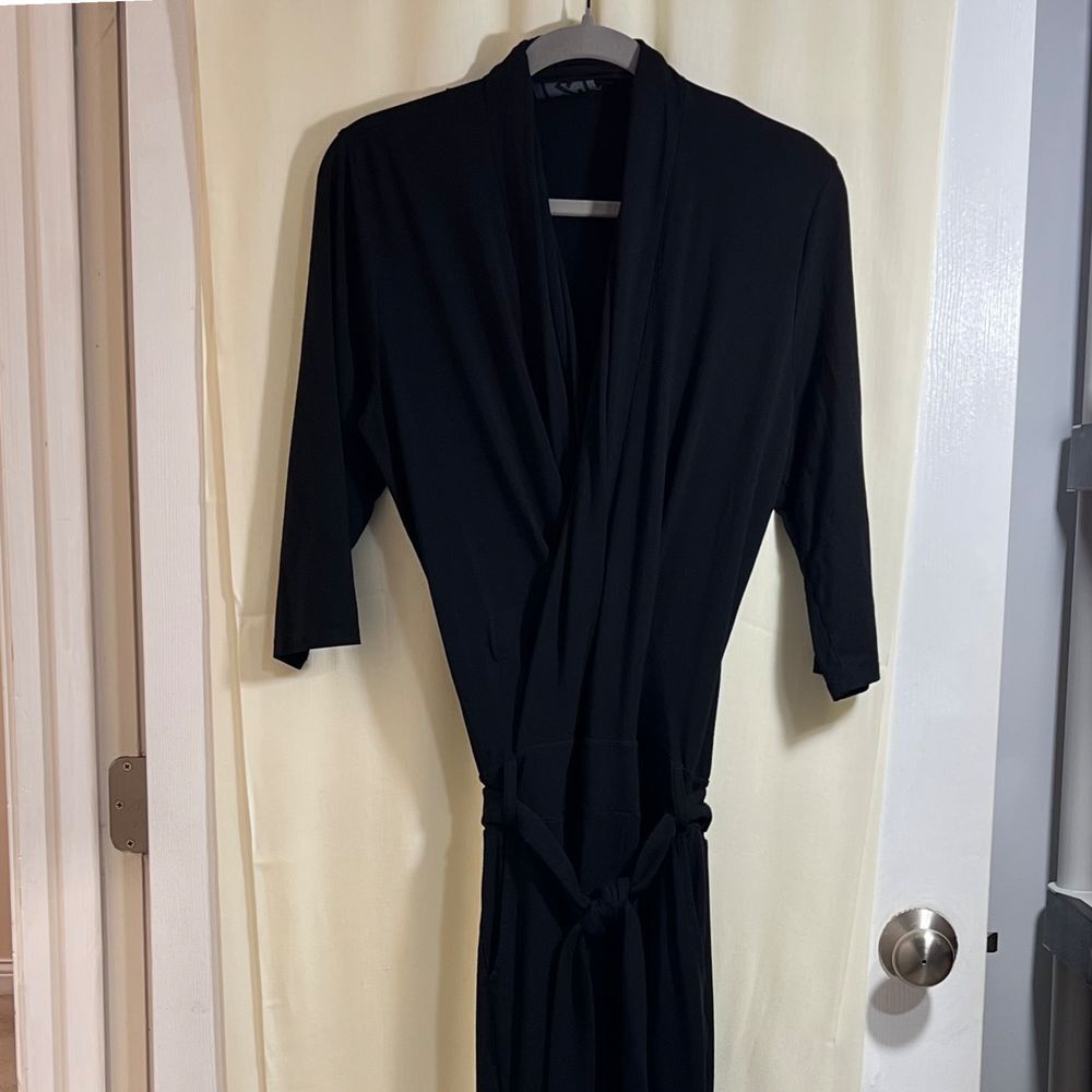 Les Lunes Paul Black Wrap 3/4 Sleeve Bamboo Belted Jumpsuit Workwear Travel-SZ M